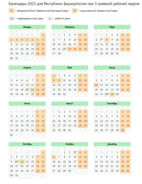 Производственный календарь Башкортостана на 2023 год c выходными и  праздниками